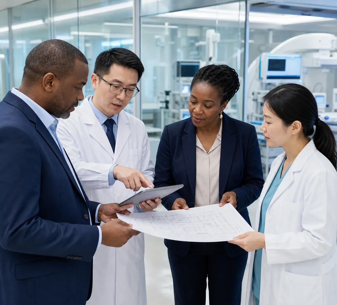African hospital leaders and Chinese medical specialists reviewing a department plan in a clinical environment.