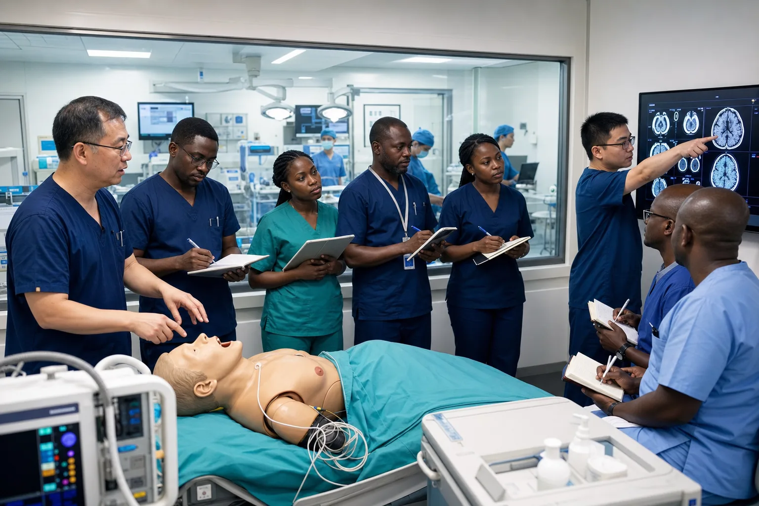 Clinical instructors and healthcare professionals learning with a simulation mannequin and medical images.