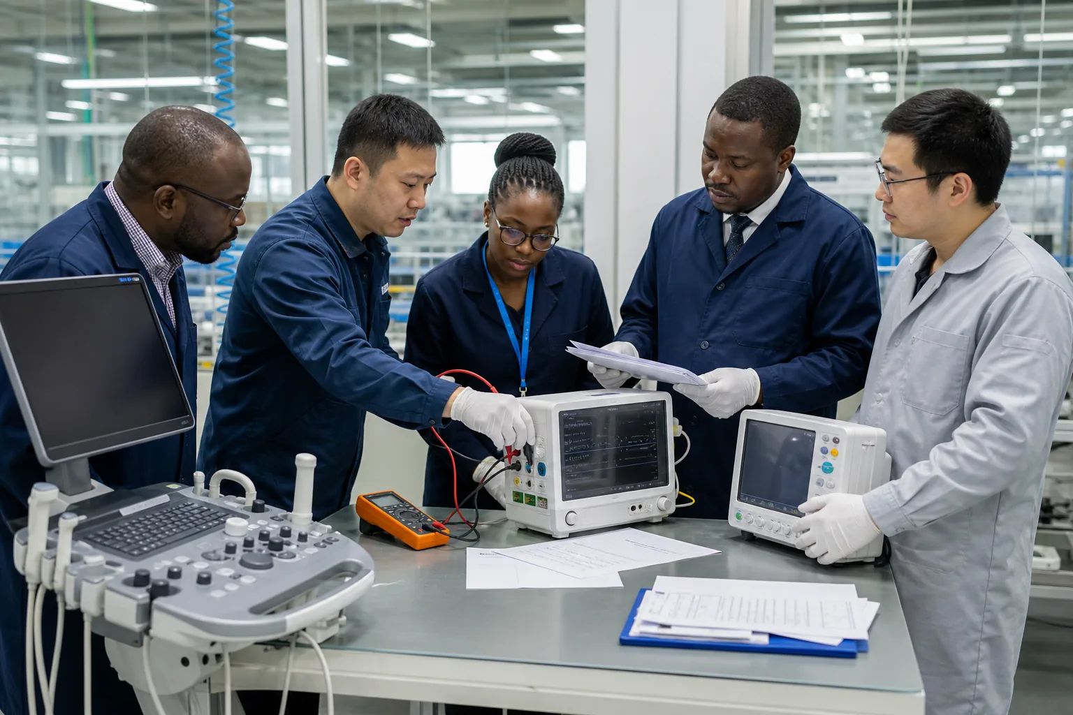 Biomedical and procurement professionals reviewing medical-equipment quality tests at a manufacturer.