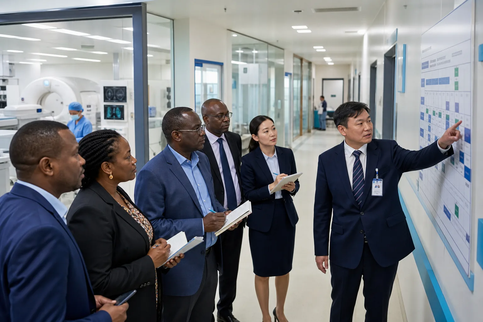 Hospital visitors and a host reviewing a department information board beside an imaging suite.