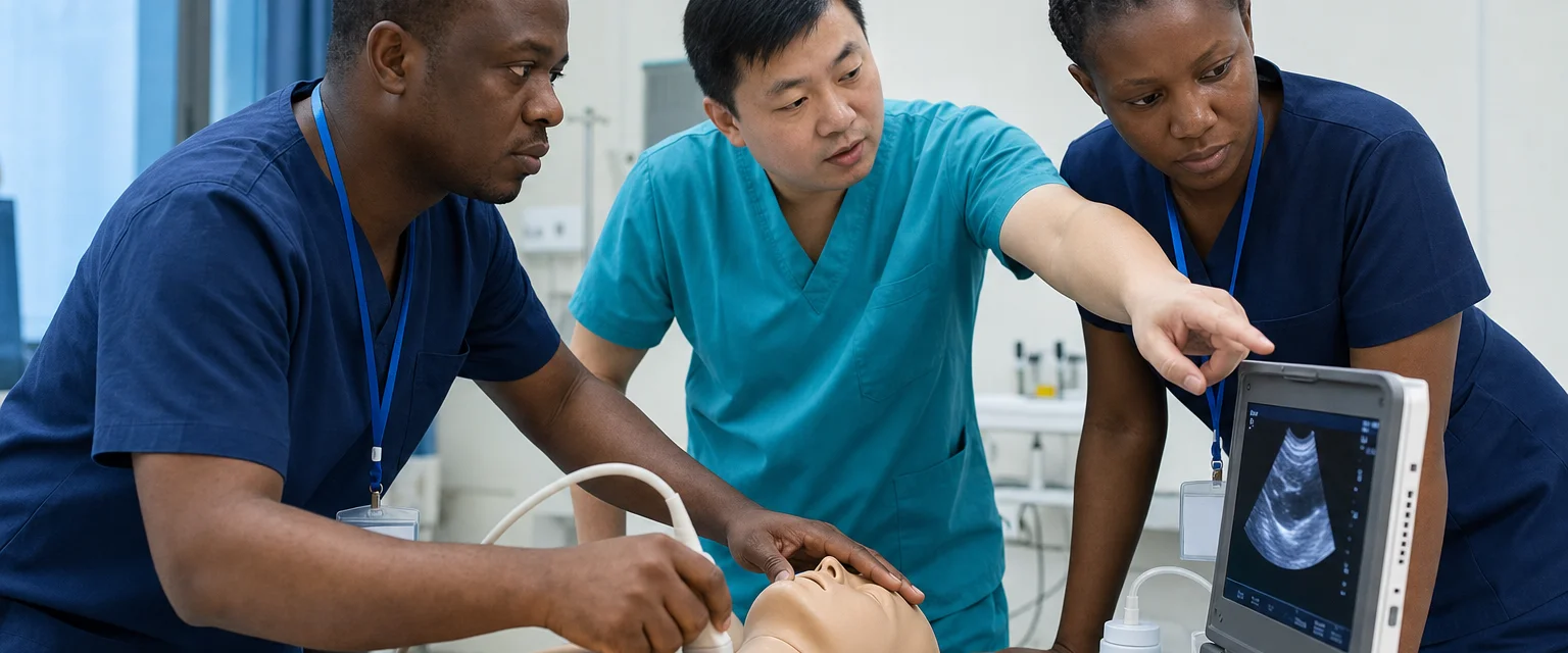 A clinical instructor guiding hospital staff through hands-on ultrasound simulation training.