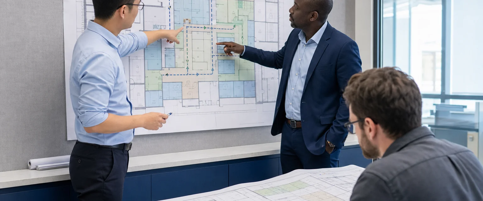 A clinical planner and hospital operations lead reviewing a department zoning plan.