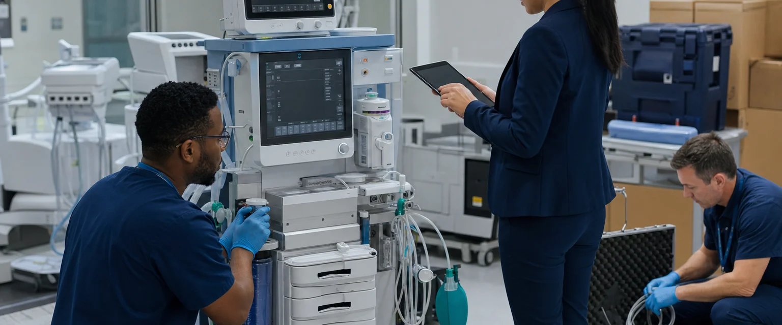 A biomedical engineer and project team checking medical equipment before installation.