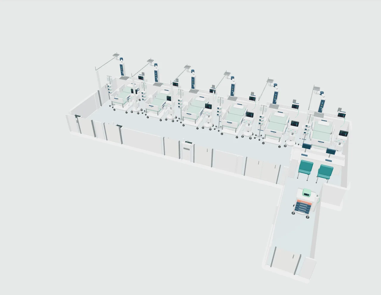 A six-bed intensive care unit — space or equipment view 1